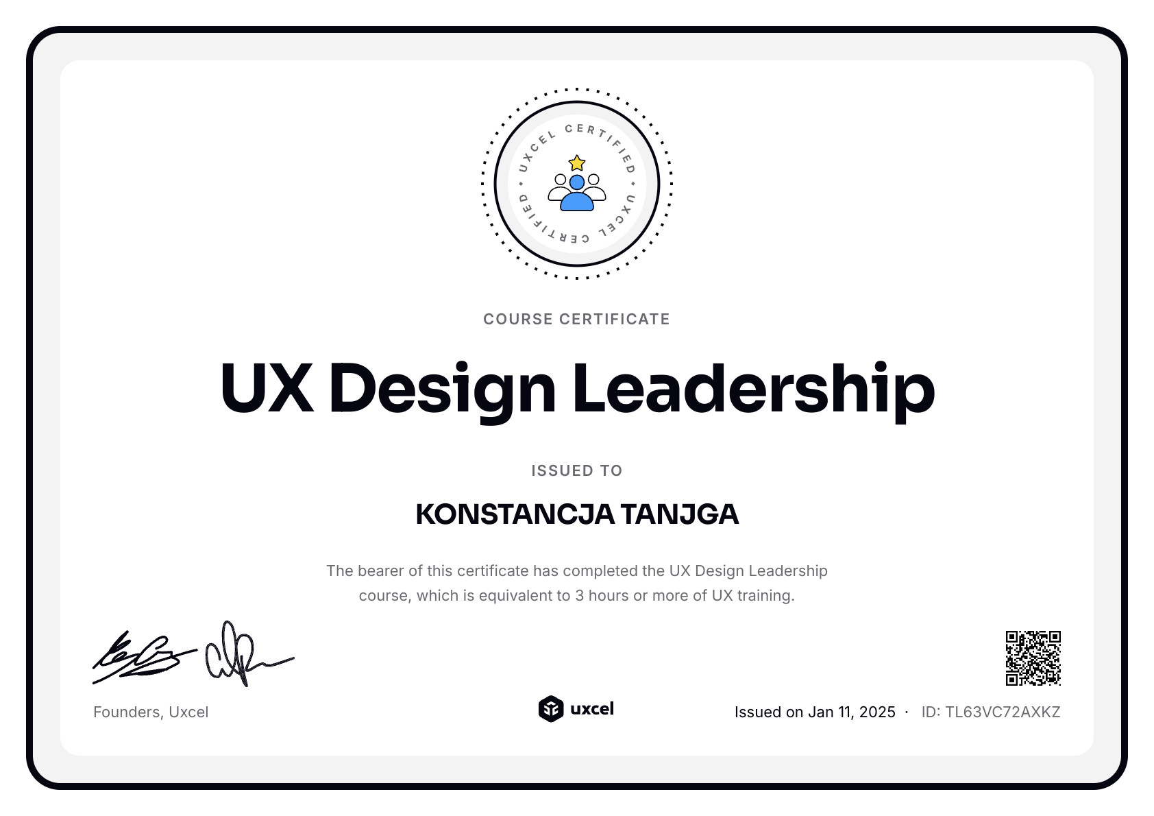 KONSTANCJA TANJGA's certificate